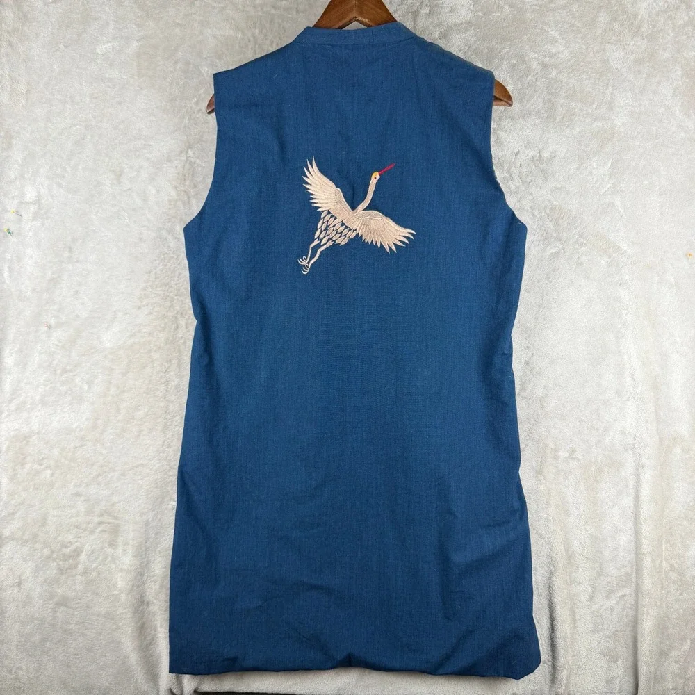 Vintage Blue Embroidered Crane Longline Vest Floral Lined Boho Asian Art